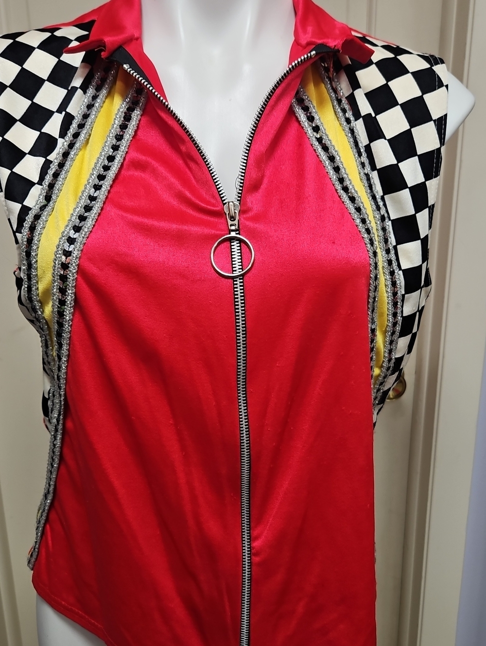 Vintage Red Racing-Style Sleeveless Bomber Jacket with Checker Panels